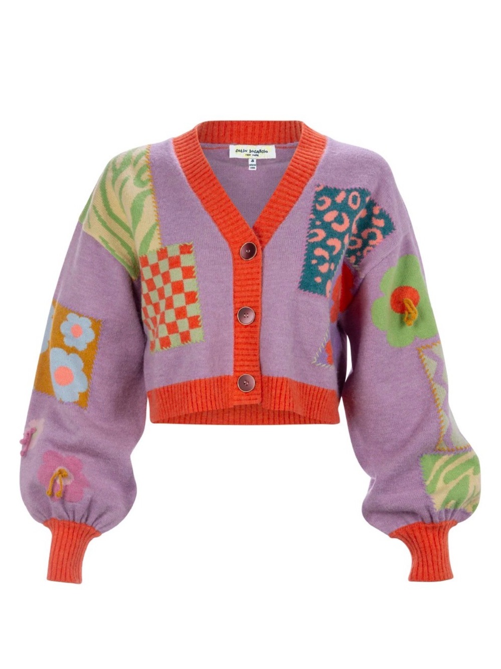 Jessie Intarsia  by Colin LoCascio Lavender and Orange Patchwork Cropped Cardiga